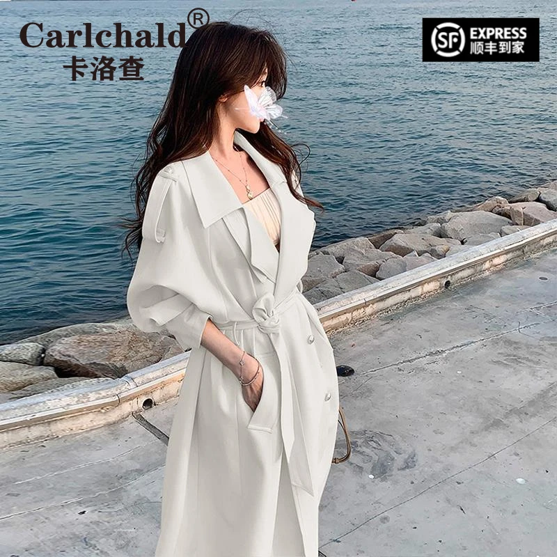 CARLCHALD卡洛查白色双排扣系带风衣女2025春秋新款英伦风气质中