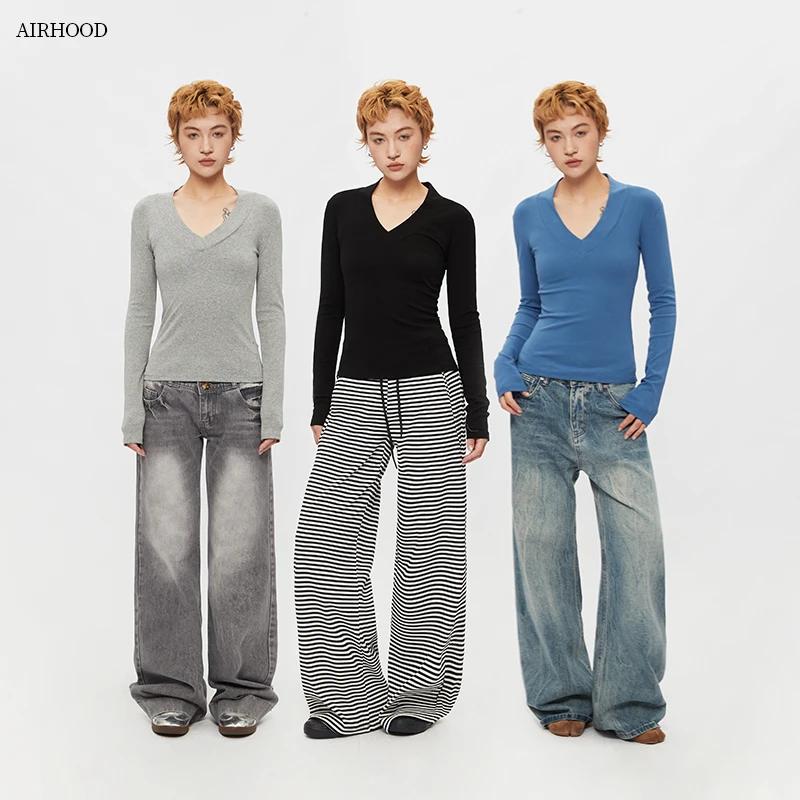 AIRHOOD 秋季V领长袖T恤女i国潮ns修身显瘦纯色百搭辣妹上衣C5421