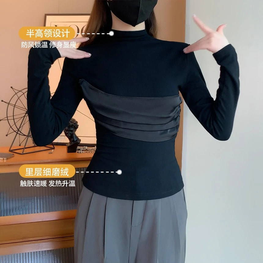 艺等YIDEENG黑色半高领加绒拼接假两件针织打底衫秋冬长袖上衣