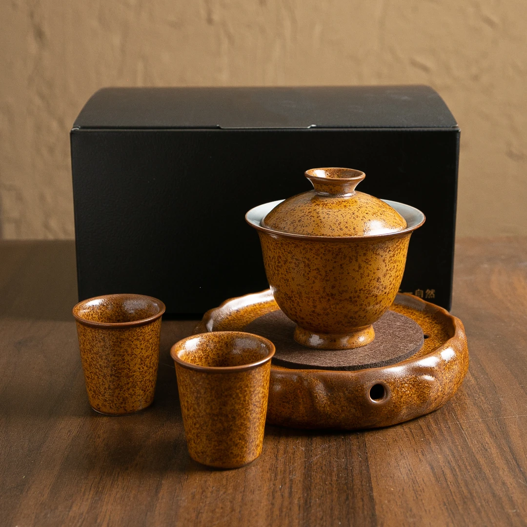 【境悟器】黄金釉盖碗小组合.1451.悦窑黄金釉高端茶壶复古茶具套装