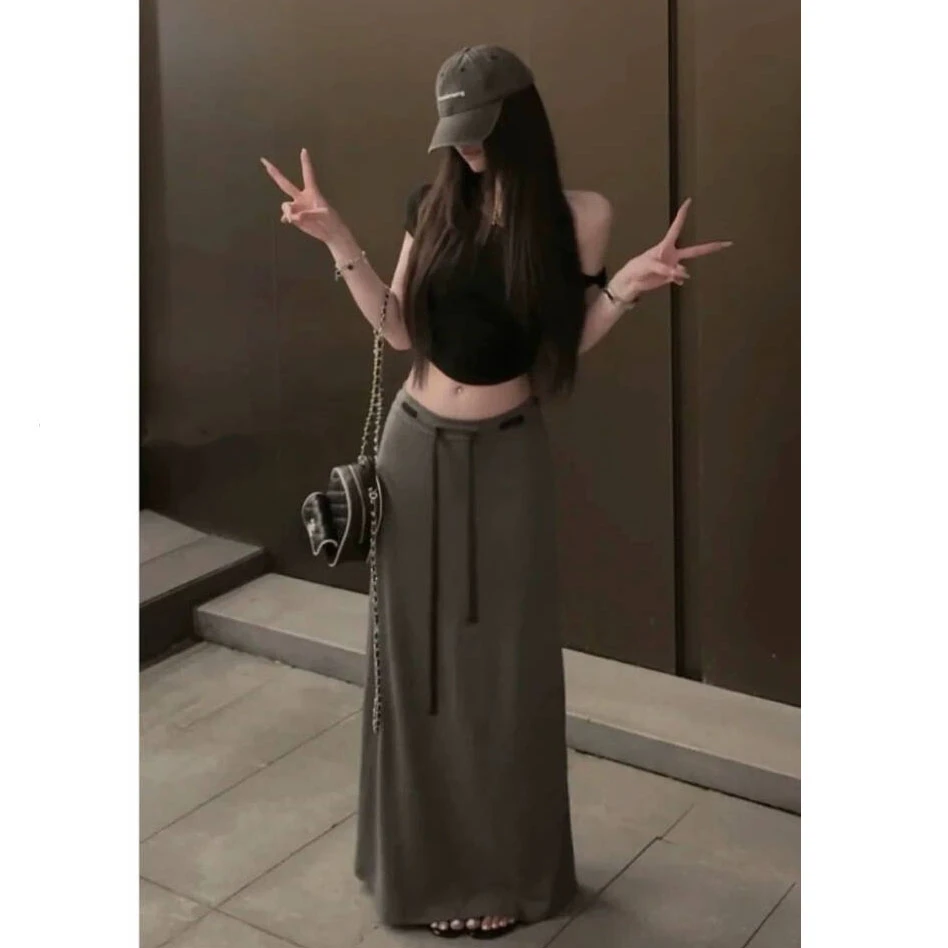 现现【设计感抽绳灰色半身裙】法式时尚洋气中长款包臀显瘦A字长裙