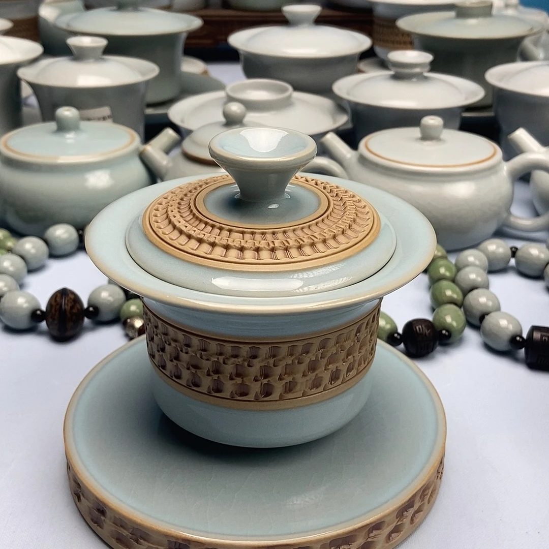 杯重工跳刀天青马蹄盖碗原矿原釉原产地