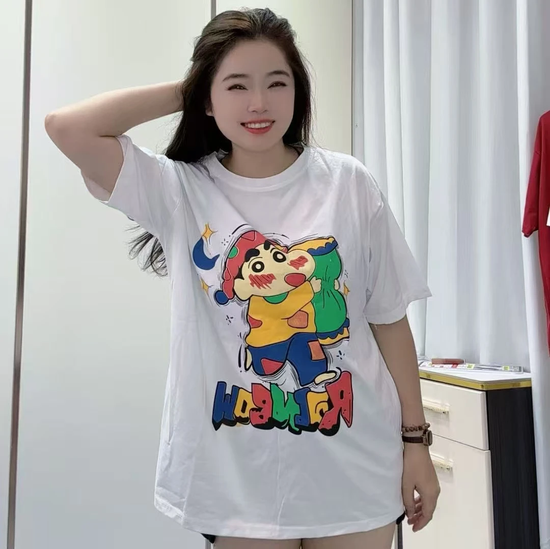 《霞华》2025新款时尚气质百搭小新卡通头像短袖长T上衣