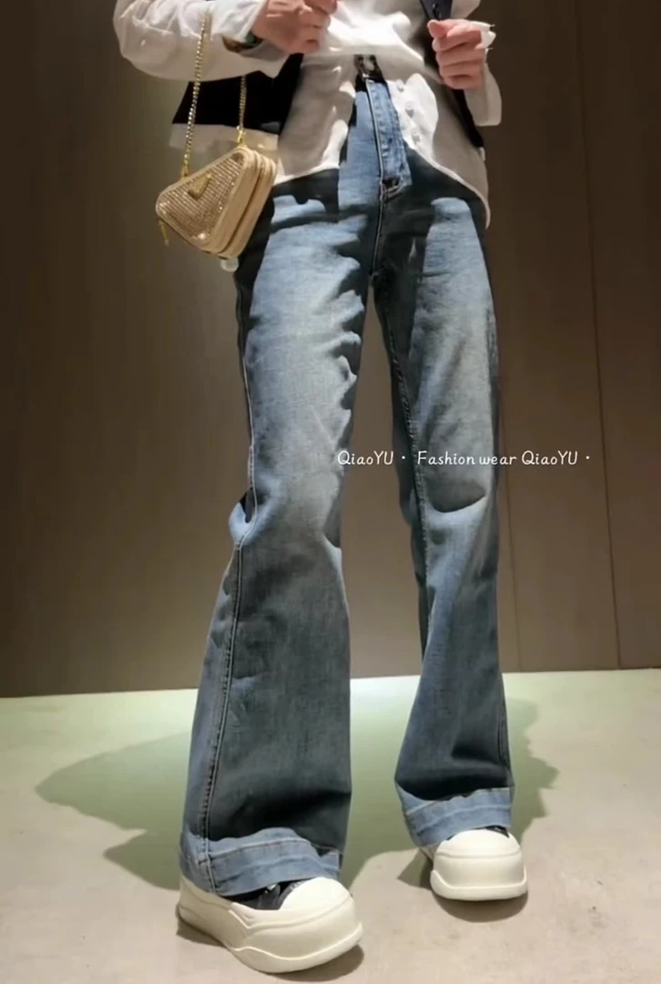 春季高腰显瘦大码阔腿裤春季百搭宽松欧货设计款微喇牛仔裤