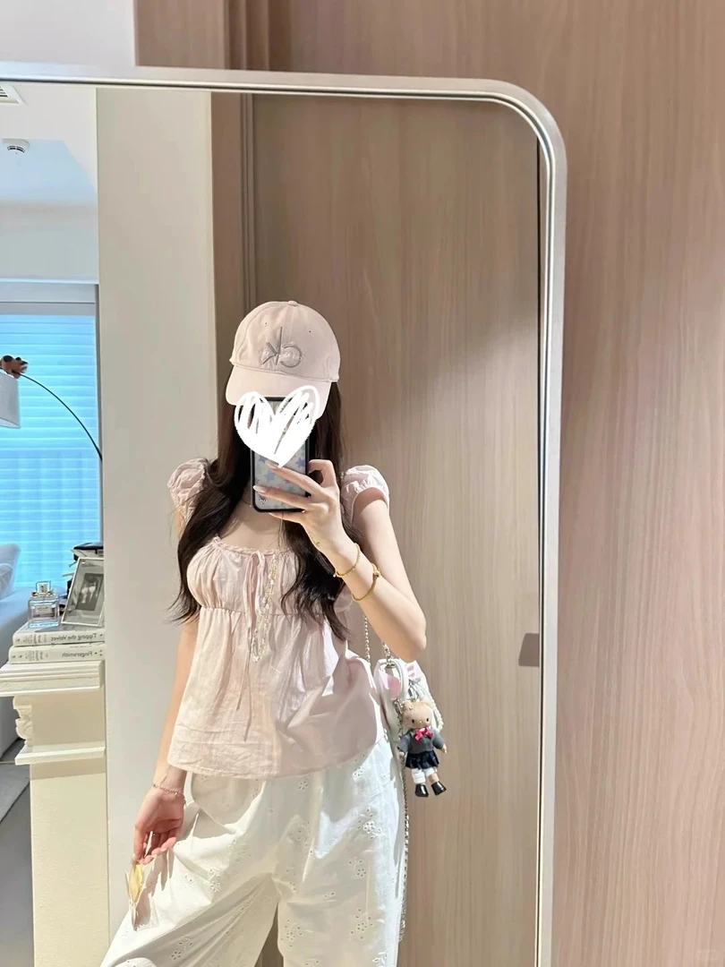 法式气质粉色一字肩方领小衫女夏季新款宽松显瘦纯欲甜美减龄上衣