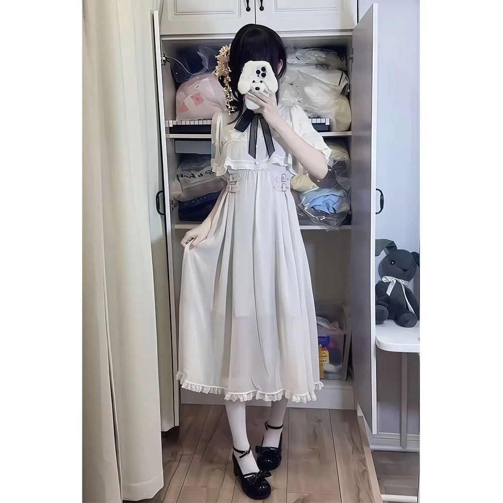 日系初恋甜美蕾丝连衣裙地雷系罩纱斗篷网纱蝴蝶结气质拼接裙