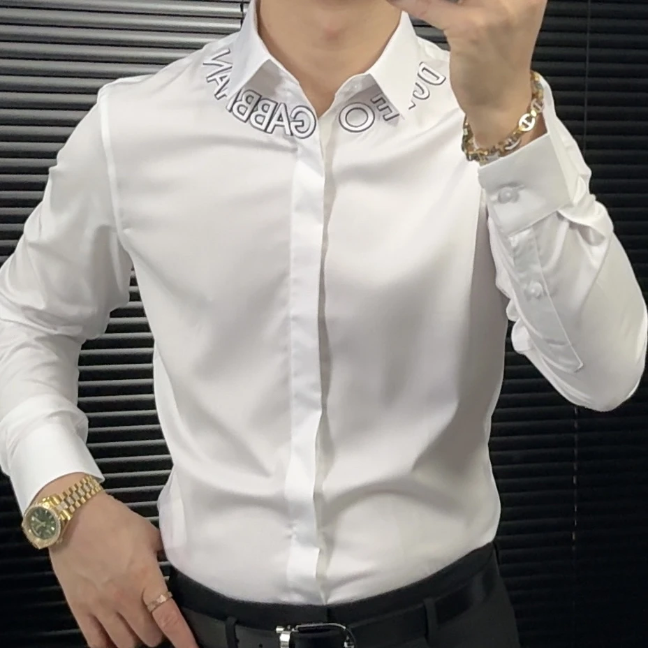 男士长袖修身刺绣衬衫高级感痞帅商务休闲春秋上衣