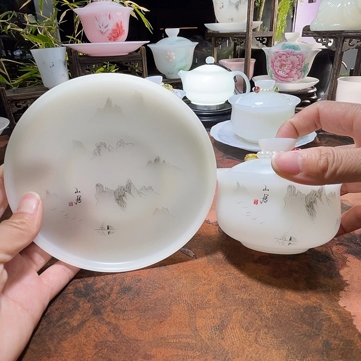 冰晶璞玉素烧水墨山居盖碗➕壶承