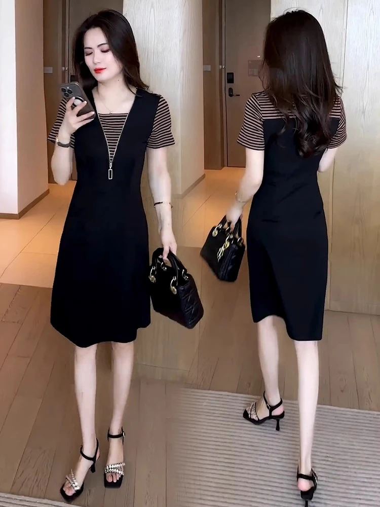 时尚连衣裙女2025夏季新款洋气假两件小个子条纹拼接显瘦背带裙子