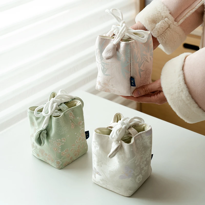 德白锦棉绸缎刺绣梅花竹影纹茶布包中式收纳袋便携随身茶壶收纳包