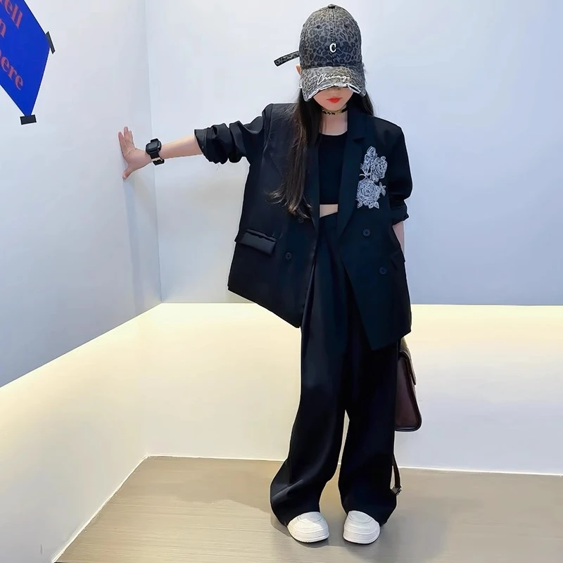 女童黑色小西装套装春秋款2025新款洋气休闲女孩刺绣西服外套潮服