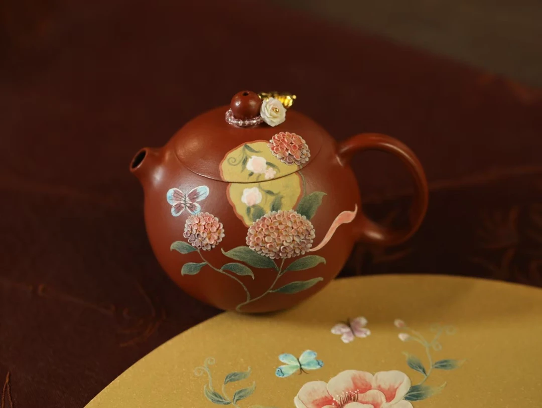 饶青公堂【河豚西施·团扇】朱泥·150cc·内推球孔·水平壶茶具泡茶壶