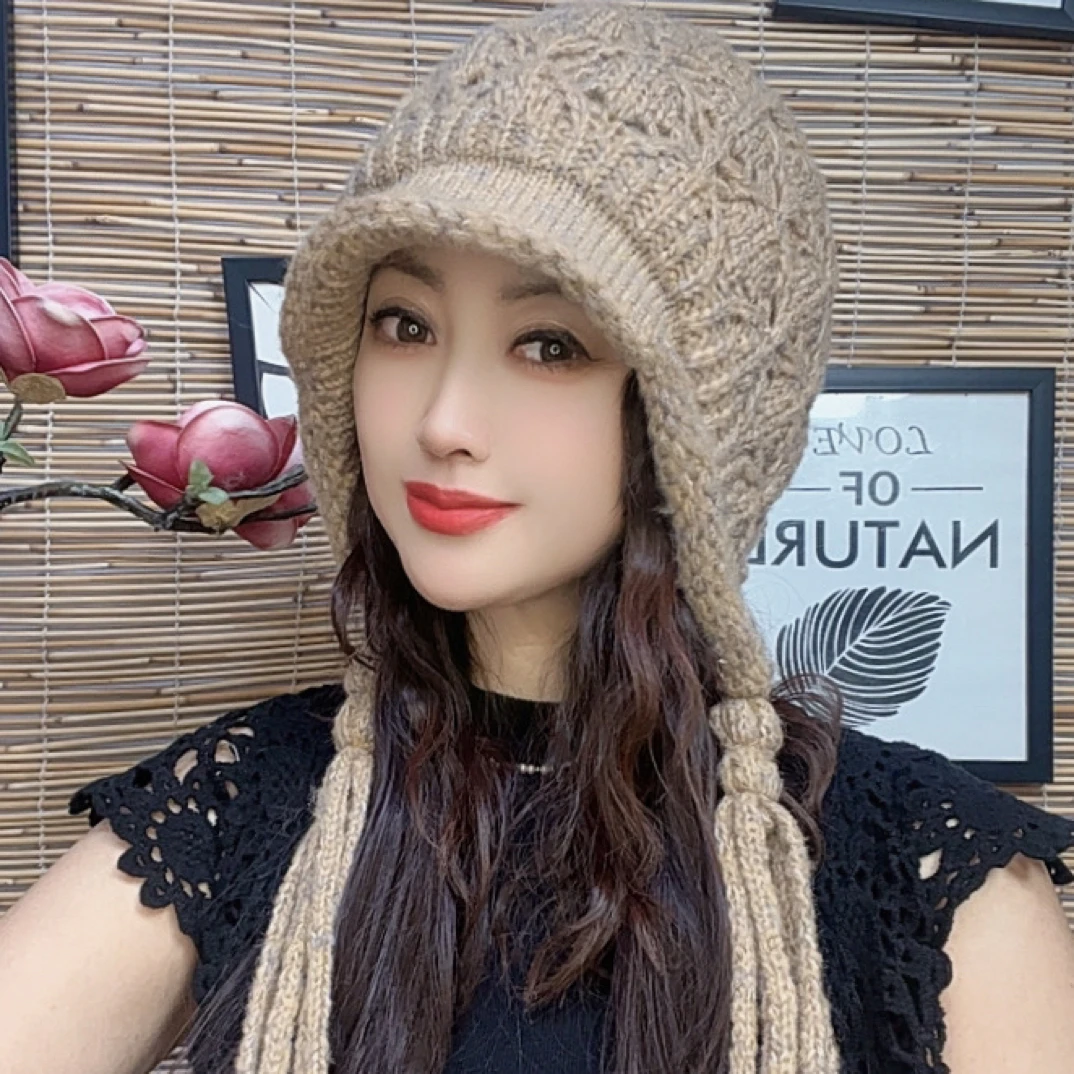 （手工）秋冬新款时尚【幻彩纱线流苏辫子】手工针织双面戴双层加厚