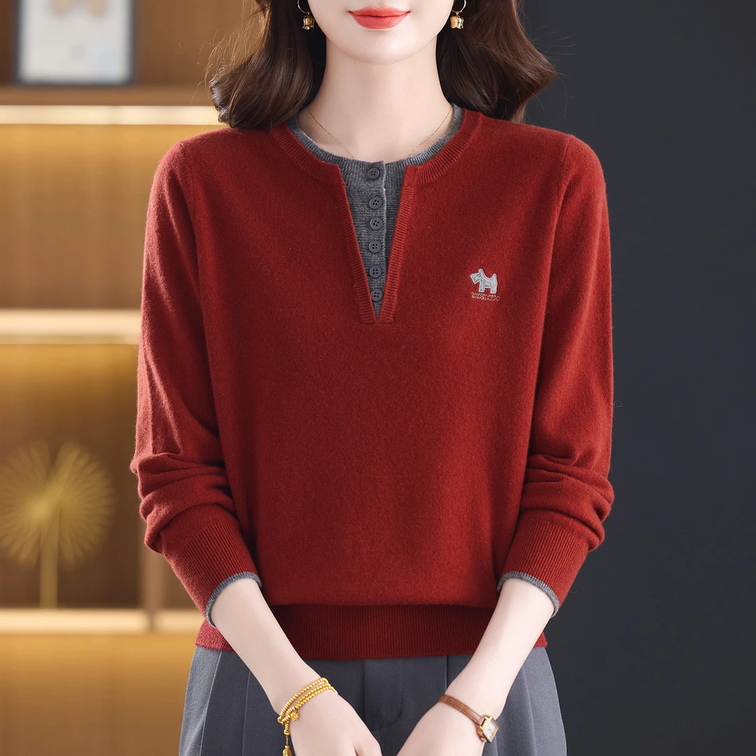 秋冬新款假两件毛衣女100%羊毛高端百搭外穿内搭显瘦套头打底衫