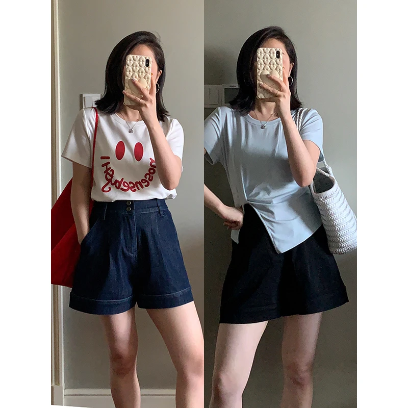 花总吖【仲夏丹宁】长腿天菜后松紧翻边复古水洗牛仔短裤R425X12673