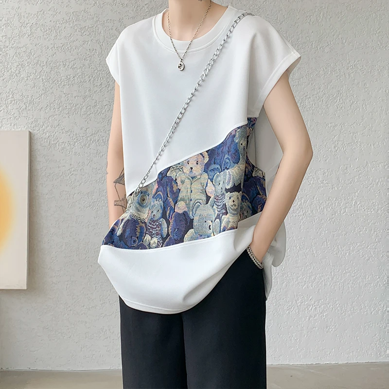 小熊拼接坎肩背心男夏季潮牌痞帅风无袖上衣宽松大码没袖齐肩t恤