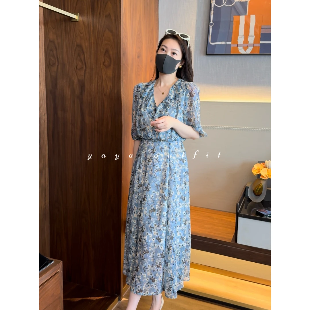 【ZENG缯】PAINTED CHIFFON DRESS印花系列女士蓝荷叶领连衣裙76