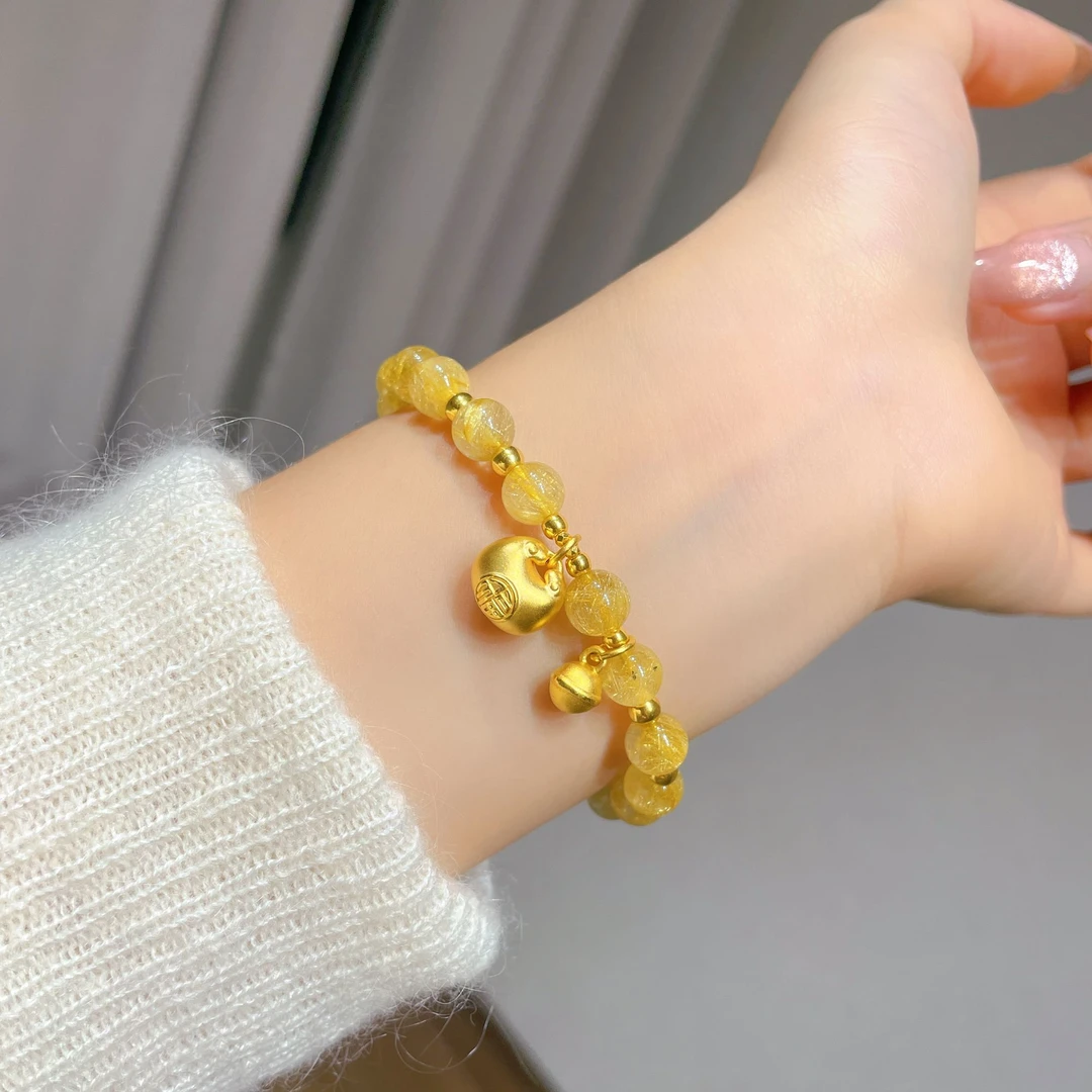 瑞诺黄金胖福铃铛金发.晶手链新款足金999金珠手串生日礼物送女友