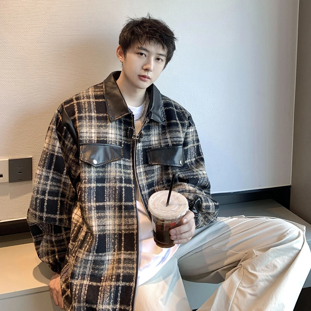 小香风毛呢外套男2025春季新款美式高街痞帅潮牌格子宽松休闲夹克