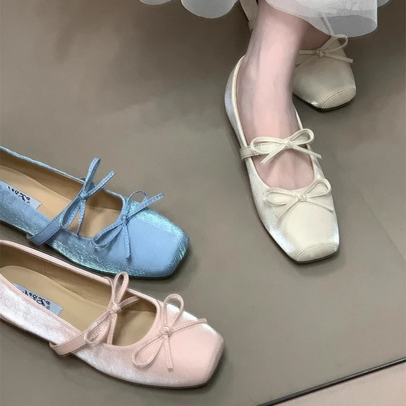 内增高蝴蝶结方头芭蕾舞鞋浅口单鞋女2025夏新款仙女温柔玛丽珍鞋