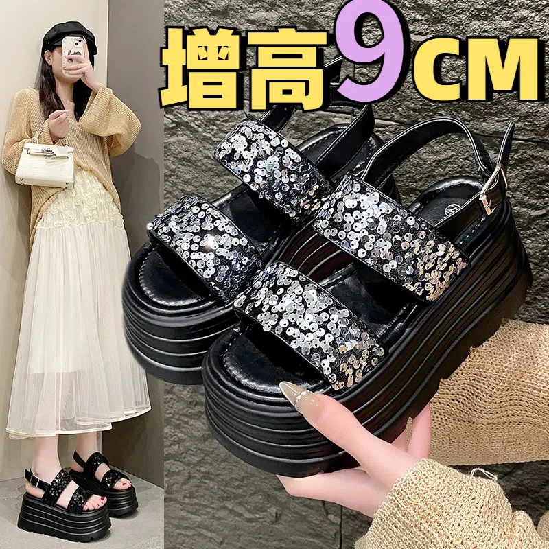 亮片罗马风格高跟纳帕皮时装凉鞋女小香风夏季厚底时尚百搭沙滩鞋