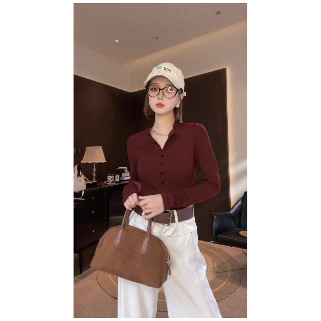 【Zz】新款美式复古秋季纽扣长袖针织T恤高弹打底衫内搭ZY-002