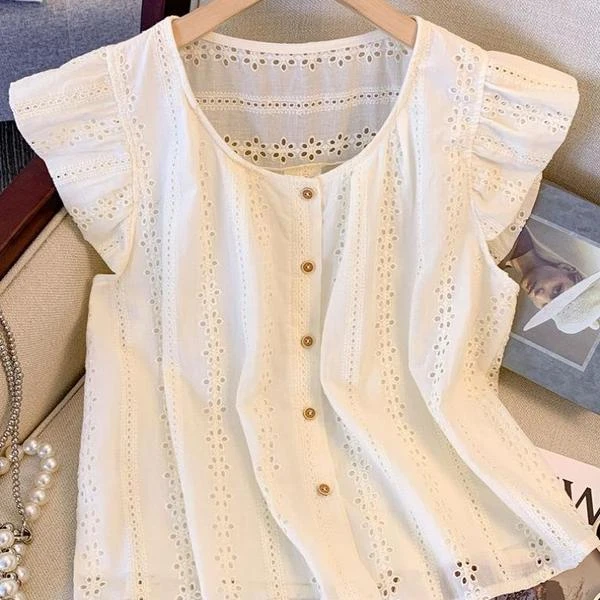 高级感小香风小飞袖衬衫女夏季2025新款宽松洋气法式镂空小衫上衣