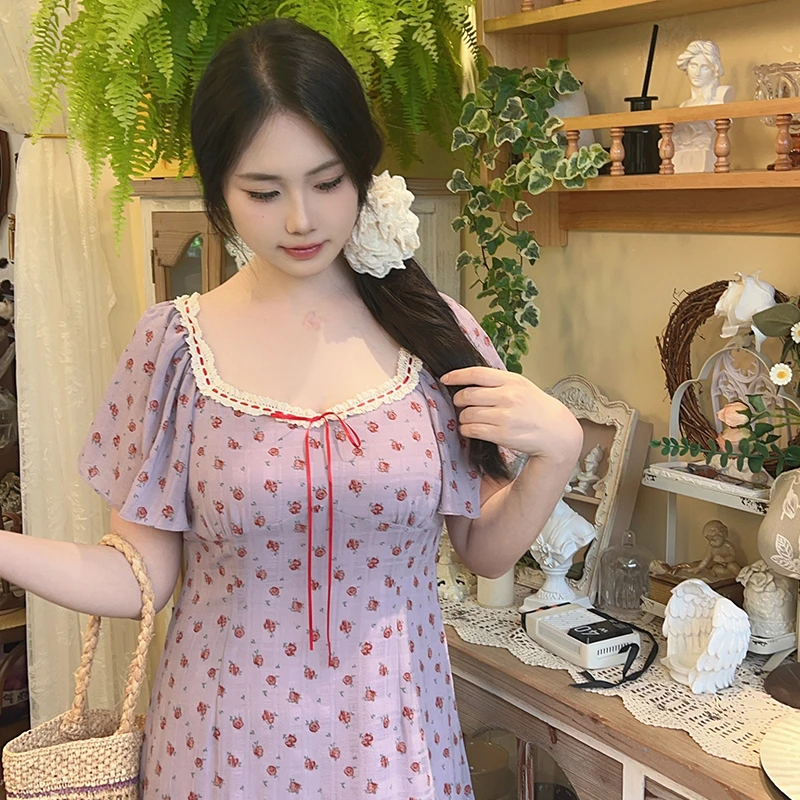 香芋紫【自制款】法式气质紫色碎花显白大码胖mm连衣裙收腰显瘦夏