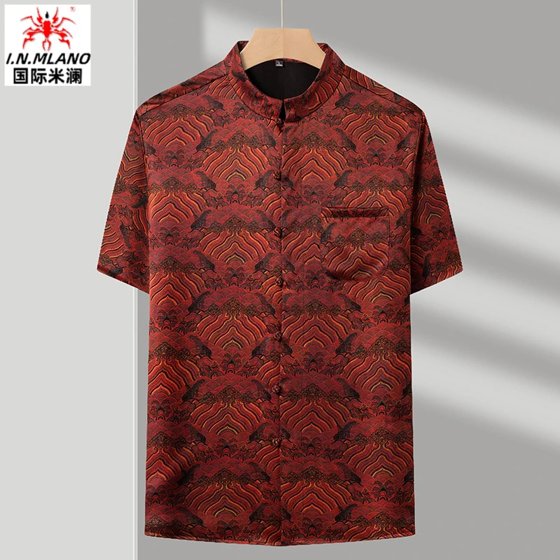 高档香云纱唐装短袖男夏季桑蚕丝中老年真丝绸缎中式盘扣衬衫男装