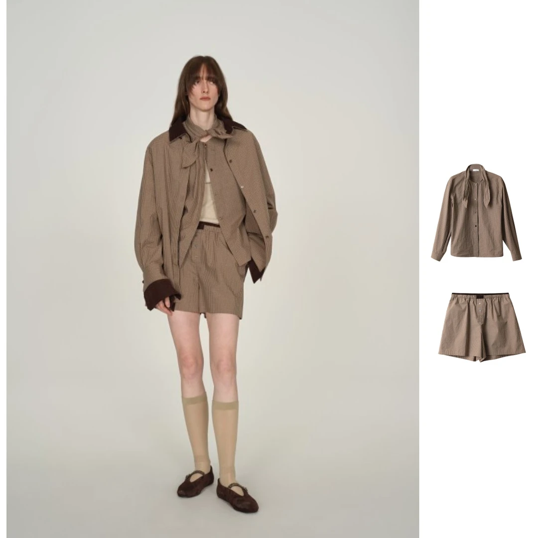ICE 25早秋新品休闲复古极简风格纹时尚衬衫SH38/格纹短裤PA08