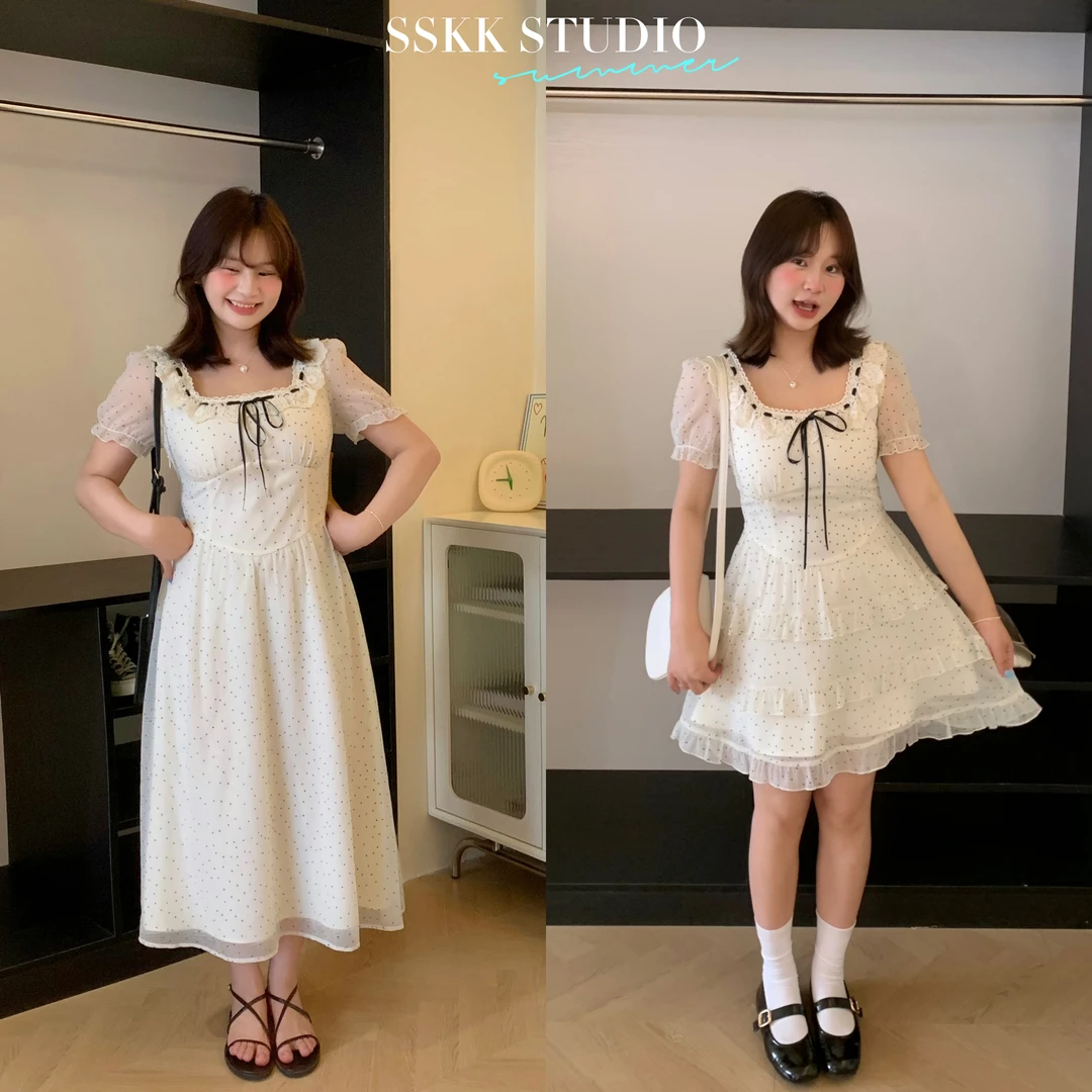 KMZY/KMZY山_山【爱丽丝花园】微胖mm韩系波点印花收腰蓬蓬短连衣裙