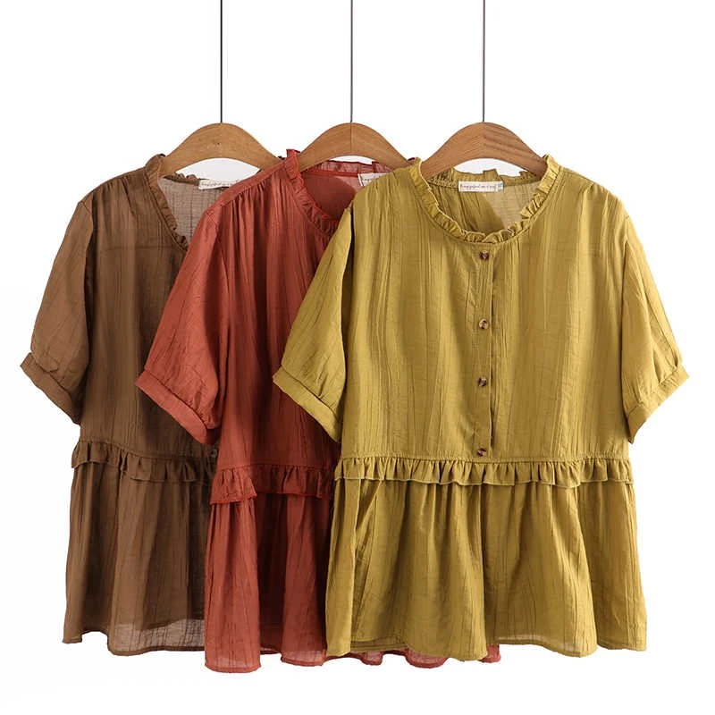 棉麻短袖恤女夏季新款胖设计感木耳边拼色大码衬衣显瘦娃娃衫