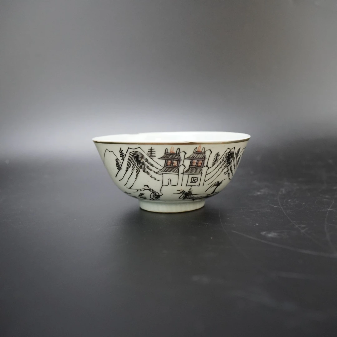 Lot.25070976民国墨彩人物山水碗 口径：约11.5cm