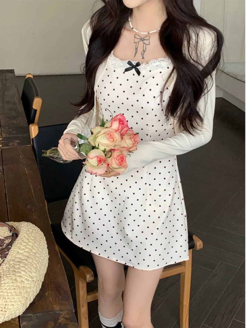 蝴蝶兰蕾丝拼接波点吊带裙外搭长短款套装