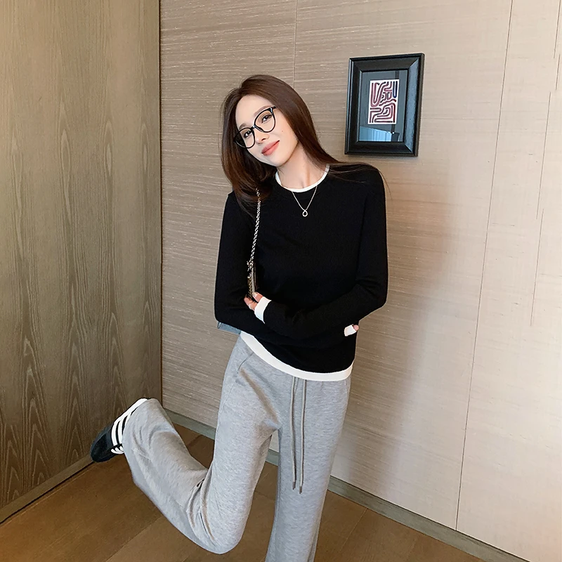 林关关 ins撞色 两色假两件长袖t恤打底衫上衣A55221