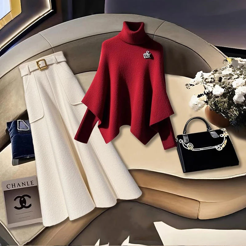 冬季穿搭一整套2024新款高级感圣诞高领斗篷毛衣半身裙两件套装