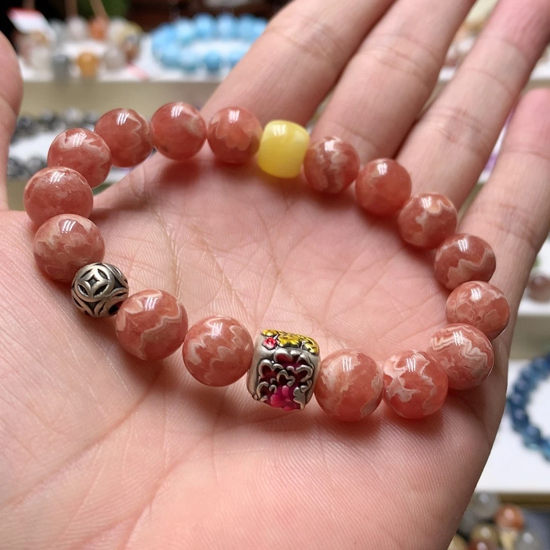 菱锰矿（红纹石）手串足银镶嵌