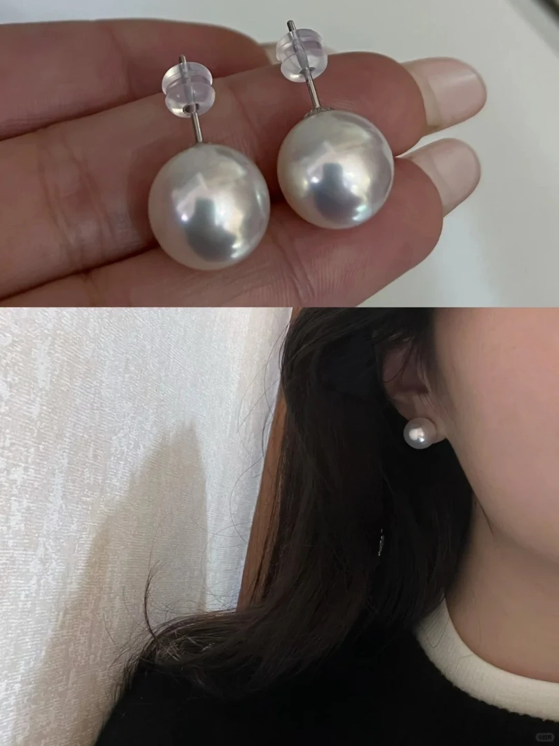 925银耳饰 空姐素耳钉12-13mm正圆 极光微微瑕疵时尚百搭贝珠经典