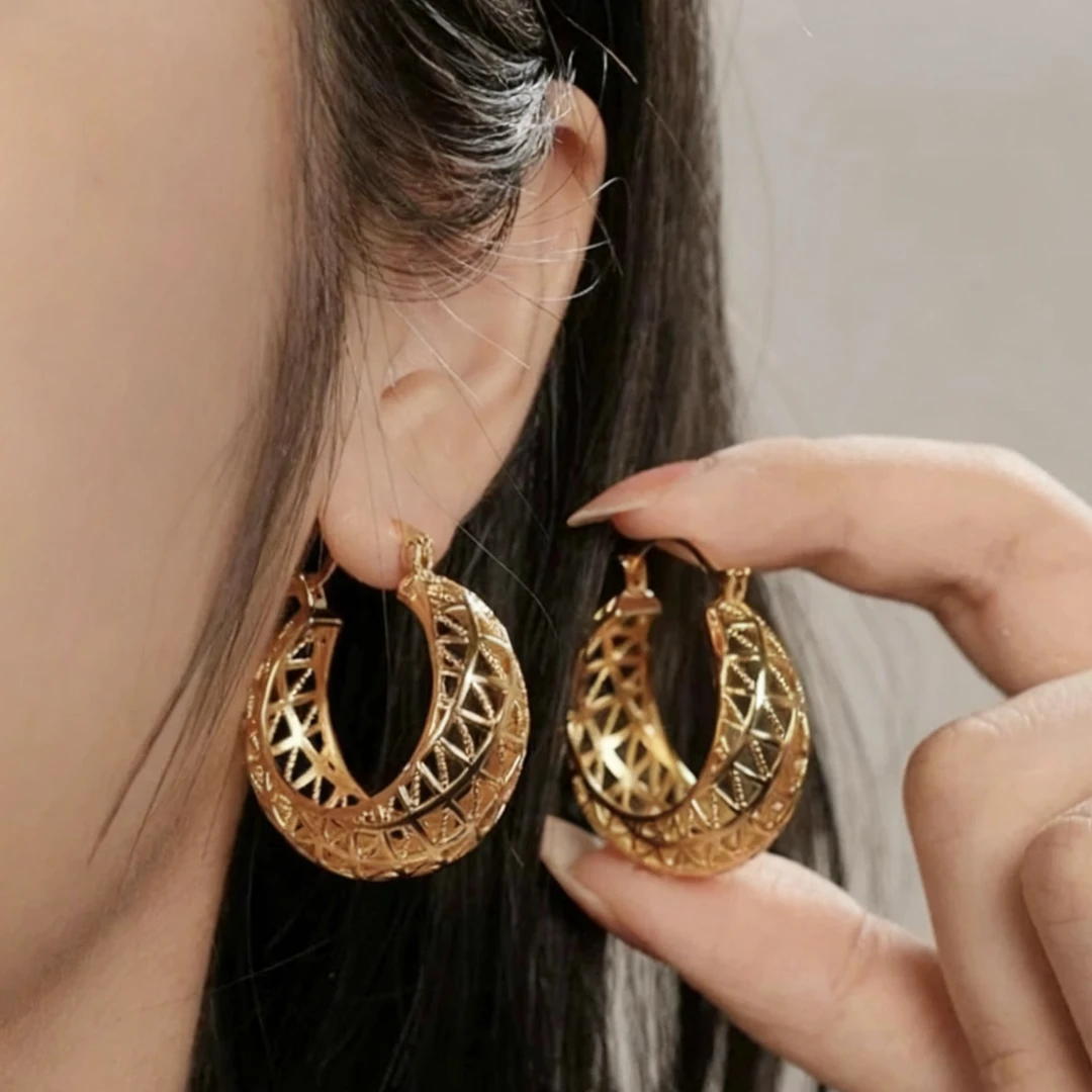 铜合金耳饰 「优雅起义」店主推荐!法式复古大耳圈素金镂空高级耳饰