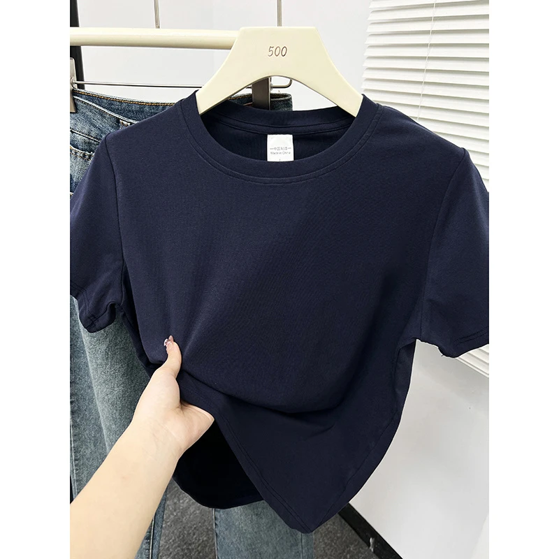 春夏纯色百搭短袖t恤衫女生正肩显瘦修身上衣小众弹力圆领打底衫