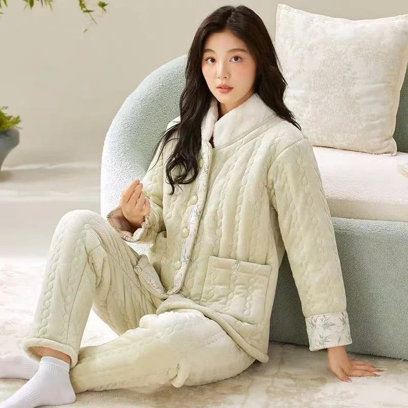 【K130】海岛绒绗绣精品翻领贵妇款三层夹棉加厚长袖长裤