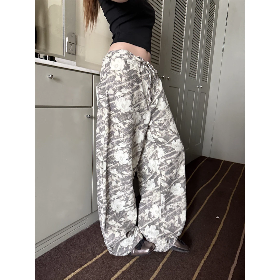 街头复古花卉印花抽绳绑带个性直筒牛仔裤