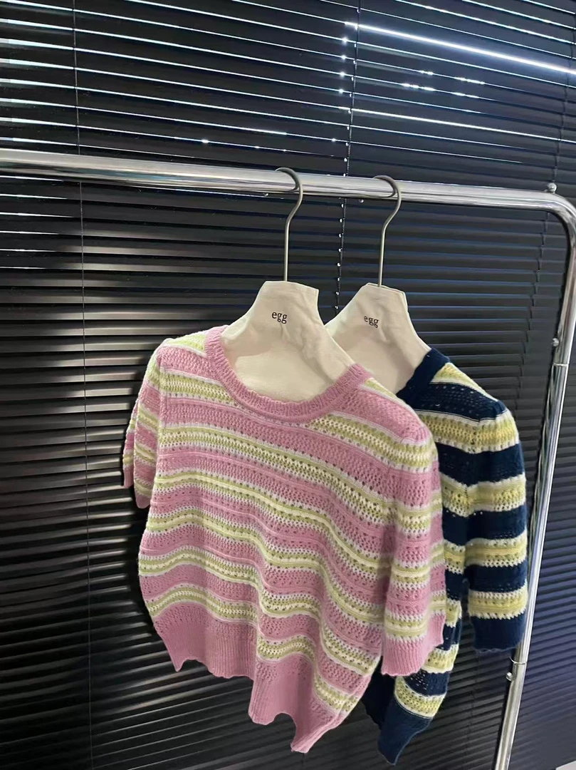 922-青岛爆款春季韩版显瘦百搭短袖条纹针织上衣