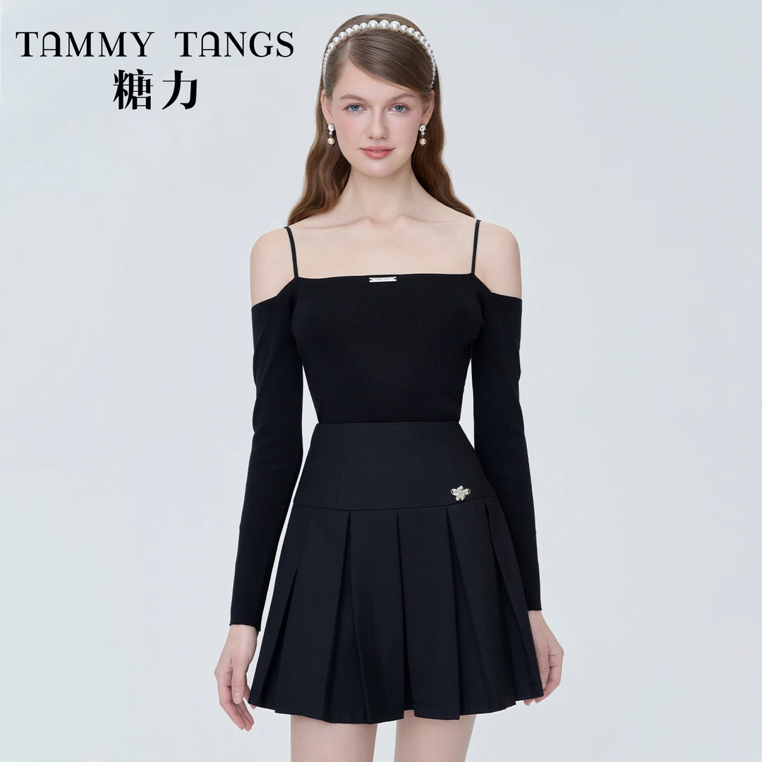 糖力 黑色长袖一字肩吊带短款显瘦冰丝针织衫上衣