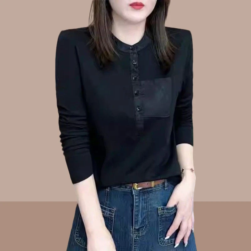 秋冬季新款长袖圆领打底秋时尚纯色休闲洋气百搭显高档T恤女小衫
