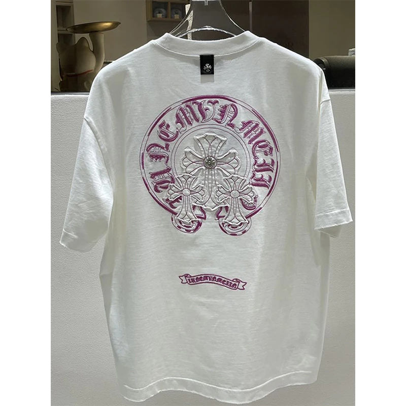 潮牌夏季新款纯棉梵文十字架马蹄贴布短袖男女同款休闲百搭T恤