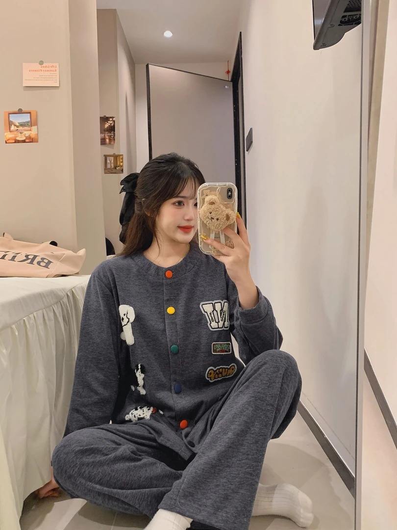 大码秋冬德绒加厚保暖卡通睡衣女套装带胸垫可外穿长袖长裤家居服