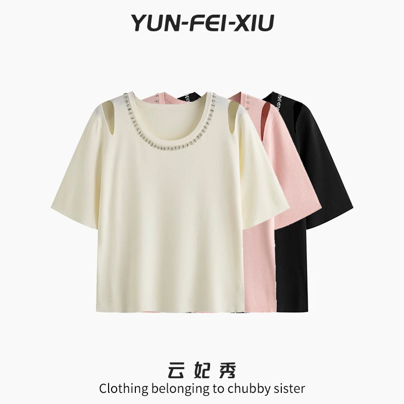 云妃秀大码女装针织衫圆领订钻短袖上衣韩版通勤显瘦微胖夏22875