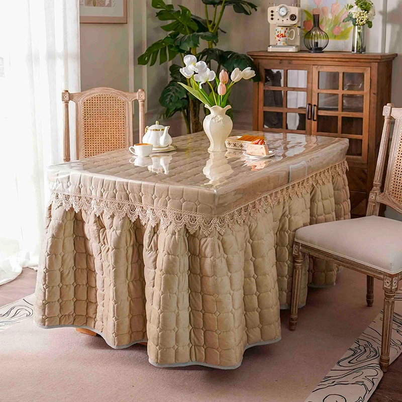 透明 PVC 烤火罩保护套桌布免洗刺绣花边防水防油长方形花边桌套