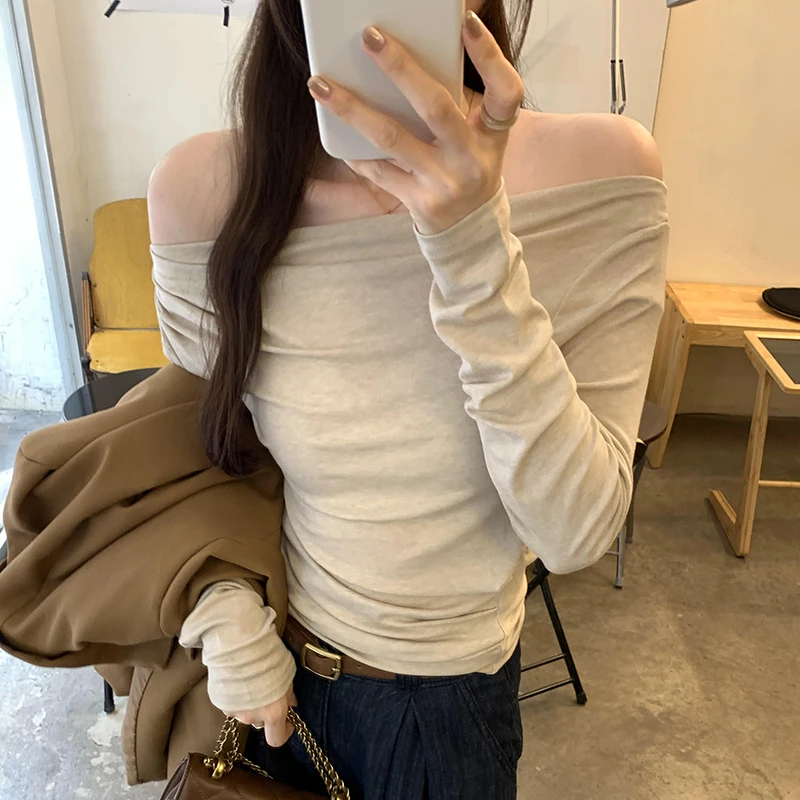 粉色一字肩内搭打底衫女露肩高级感气质小个子斜mm宽松紧身t恤